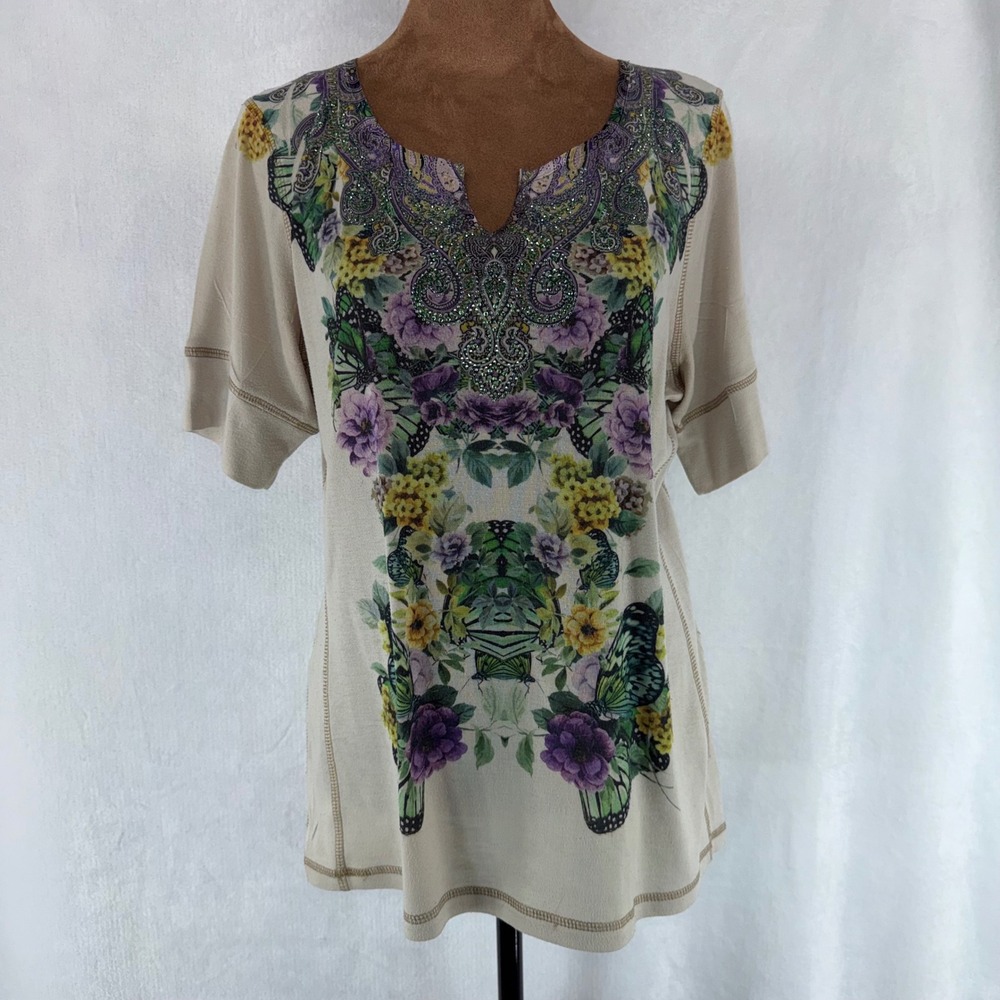 Live and let live Womens Beige Butterfly Floral Beaded Split Neck Top Large